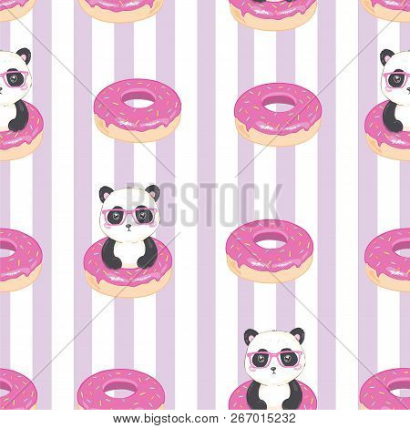 Seamless Vector Pattern: Panda Bear Pattern On Light Blue Background. Small Pandas With Different Ge