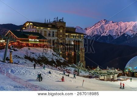 Sochi, Russia - January 7, 2018: Twilight Townscape Of Gorky Gorod Mountain Ski Resort On Snowy Chug