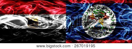 Egypt, Egyptian Vs Belize, Belizean Smoke Flags Placed Side By Side. Thick Abstract Colored Silky Sm