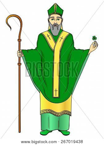 Pop Art Patron Saint Of Ireland. Saint Patrick Holding A Trefoil And Crosier Staff With Greeting Rib