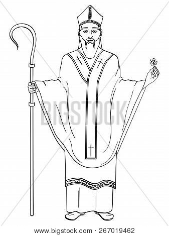 Patron Saint Of Ireland. Saint Patrick Holding A Trefoil And Crosier Staff With Greeting Ribbon. Obj