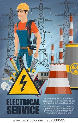Electrical Service And Electricity Repair Work. Vector Electrician Holding Wire Nea Power Plants. Pl