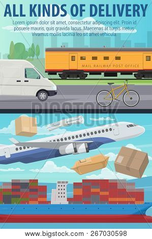 Post Mail Delivery Office, Postage Logistics. Vector Airplane And Train, Truck And Ship, Bicycle Tra