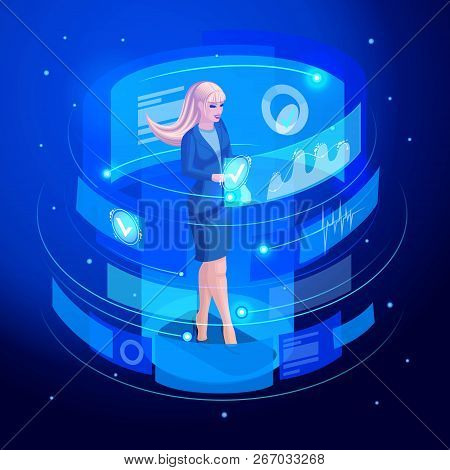 Isometric Business Lady Works Virtual Screen, Looks Documents, Analyzes, Reports, Data Using High Te