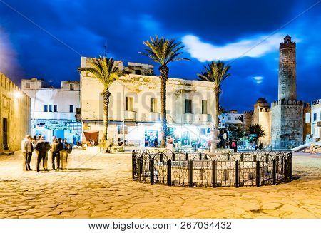 Night Photo Of Ribat Castle In Sousse.