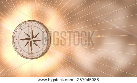 Vintage Gold Compass On Blurred Background. Retro Stale