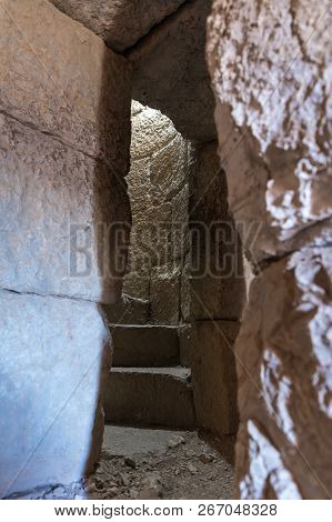 Steps of the spiral staircase connecting the upper and lower tiers in Nimrod Fortress located in Upp
