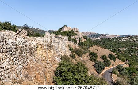 The remains of the eastern fortress wall in Nimrod Fortress located in Upper Galilee in northern Isr