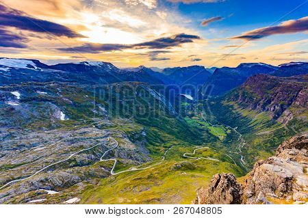 Tourism Vacation And Travel. Fantastic View On Geirangerfjord And Mountains Landscape From Dalsnibba