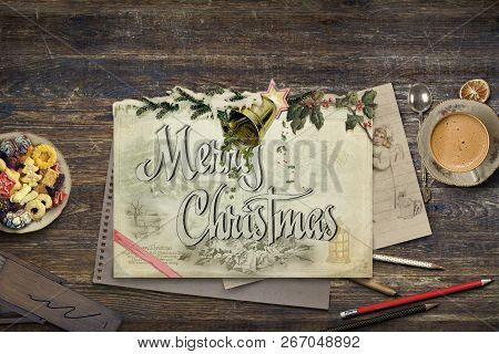 Christmas Collage With Pencils, Pattern, Coffee And Cookies On Vintage Table