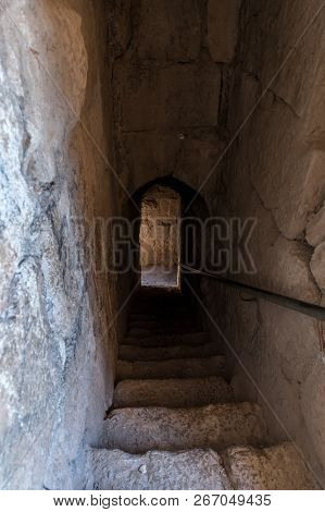 Tunnel leading to the lower tier in the Nimrod Fortress located in Upper Galilee in northern Israel 