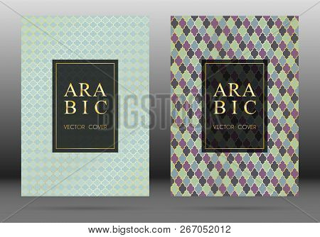 Ottoman Pattern Vector Cover Page Layout Design Set In Arabic Style Mosaic In Gold Grid. Islamic Bac
