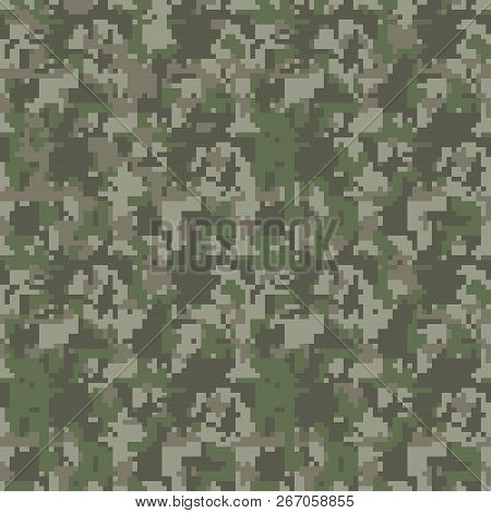 Pixel Camo Seamless Pattern. Green, Forest, Jungle, Urban, Brown Camouflages. Vector Fabric Textile 