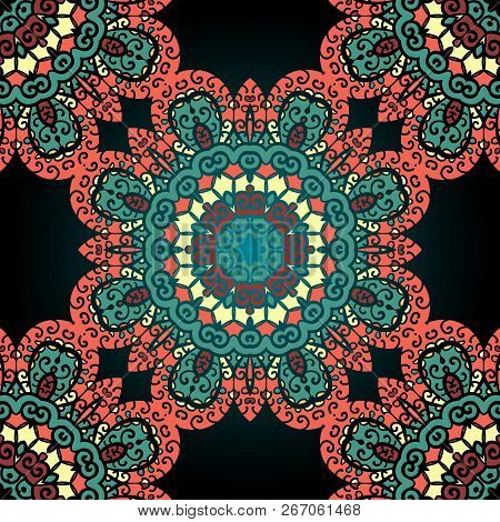 Red And Green Seamless Ornamental Pattern. Vintage Art Element