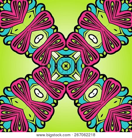 Oriental Style Seamless Pattern In Pink And Green Colors.