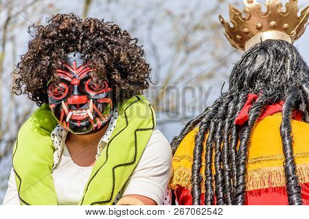 Cuidad Vieja,, Guatemala -  December 7, 2017: Local In Traditional Folk Dance Devil Mask On Parade F