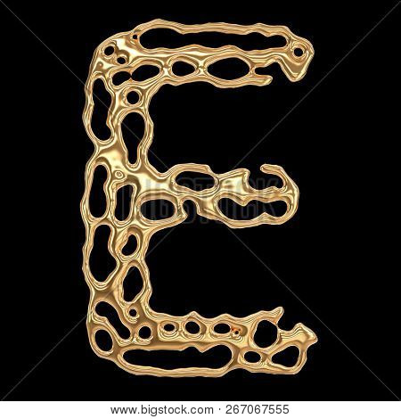 Letter E made of gold drops isolated on black background. 3d rendering.
