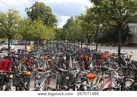 Linkoping, Sweden - August 25, 2018: Massive Bicycle Parking In Linkoping, Sweden. Linkoping Is The 