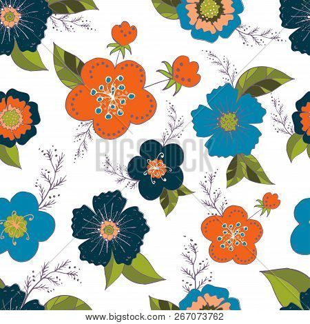 Seamless pattern with blue and orange flowers romantic elements. Endless color floral texture for design