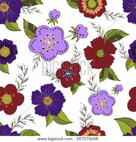 Seamless pattern with violet flowers romantic elements. Endless color floral texture for design