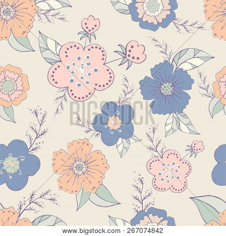 Seamless pattern with pastel flowers romantic elements. Endless color floral texture for design