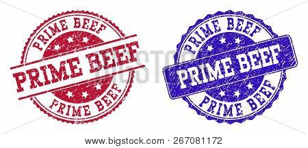 Grunge Prime Beef Seal Stamps In Blue And Red Colors. Stamps Have Distress Texture. Vector Rubber Im