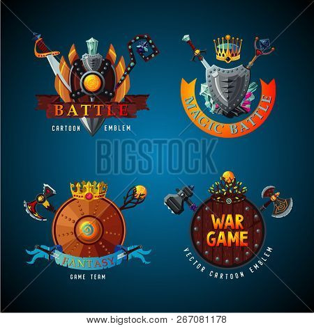 Cartoon Antique Shields Collection. Video Game Vector Sign. Royal Magic Emblem For Gaming Tournament