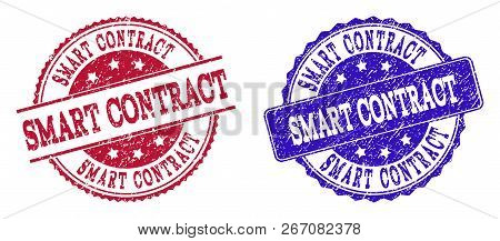 Grunge Smart Contract Seal Stamps In Blue And Red Colors. Stamps Have Distress Style. Vector Rubber 
