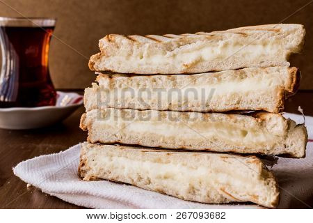 Turkish Sandwich Toast (tost) With Cheddar Or Melted Cheese And Tea