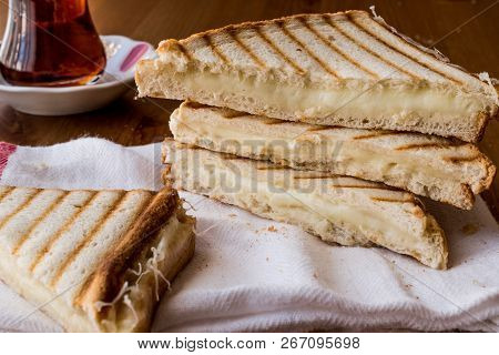 Turkish Sandwich Toast (tost) With Cheddar Or Melted Cheese And Tea