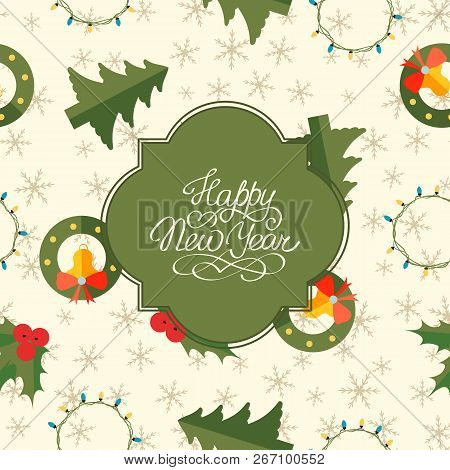 Greeting Christmas Seamless Pattern With Inscription In Elegant Frame And Traditional Festive Elemen