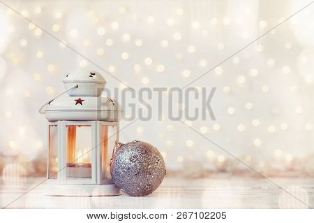 White Lantern With Candle And Silver Ball - Christmas Decoration