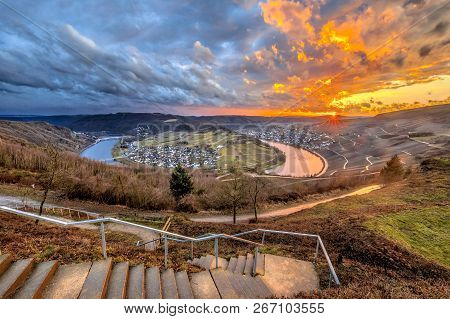Spectacular Sunset Over Mosel River Basin Near Krov, Germany
