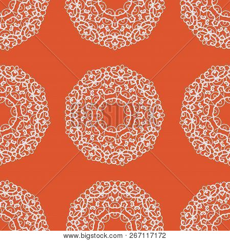 Mandala. Hand Drawn Seamless Ornament In Orange Color. Endless Oriental Background