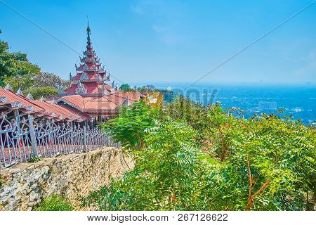 The Long Covered Staircase To The Lower Temples Leads Through Lush Greenery Of Mandalay Hill, Myanma