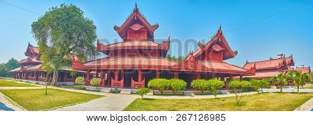 The Line Of Red Wooden Buildings With Carved Pyatthat Roofs, Royal Palace In Mandalay, Myanmar