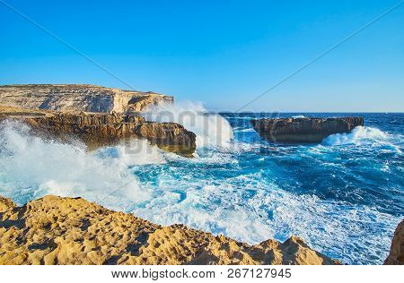 Indented Rocky Dwejra Coast Is Perfect Place To Watch The Storm With Massive Foamy Waves, Meeting Th