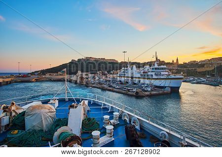 Ghajnsielem, Malta - June 15, 2018: The Ferry Trip From Gozo To Malta Island With A View On Harbor, 