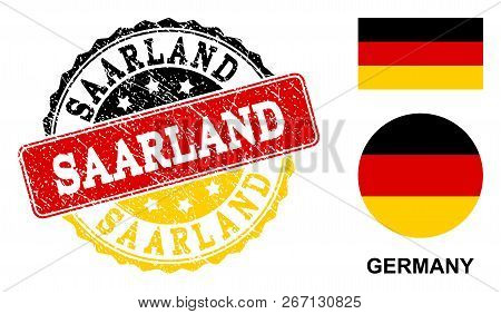 Saarland Stamp Seal. Vector Rubber Watermark With Official Colors Of Germany Flag. Designed For Saar