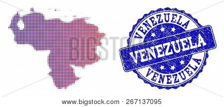 Halftone Dot Map Of Venezuela And Blue Rubber Seal. Vector Halftone Map Of Venezuela Constructed Wit