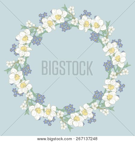 Floral Round Pattern On Blue Background. Vector Illustration