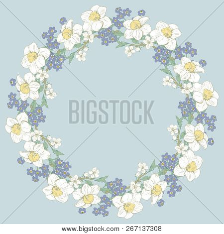 Floral Round Pattern On Blue Background. Vector Illustration