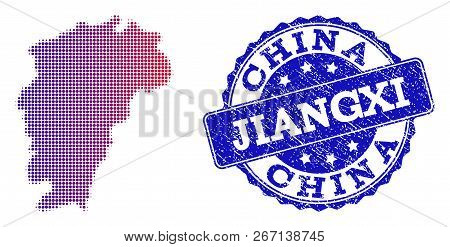 Halftone Dot Map Of Jiangxi Province And Blue Scratched Seal Stamp. Vector Halftone Map Of Jiangxi P