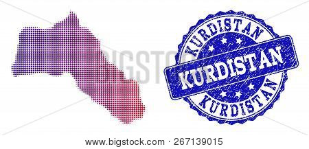 Halftone Dot Map Of Kurdistan And Blue Rubber Seal Stamp. Vector Halftone Map Of Kurdistan Construct