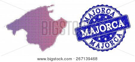 Halftone Dot Map Of Majorca And Blue Scratched Seal. Vector Halftone Map Of Majorca Constructed With