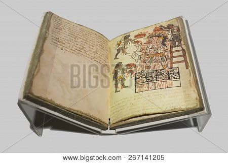 Madrid, Spain - Sept 8th, 2018: Facsimile Book Of Actec Codex Tudela. Museum Of The Americas, Madrid