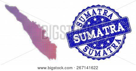 Halftone Dot Map Of Sumatra Island And Blue Dirty Seal. Vector Halftone Map Of Sumatra Island Design