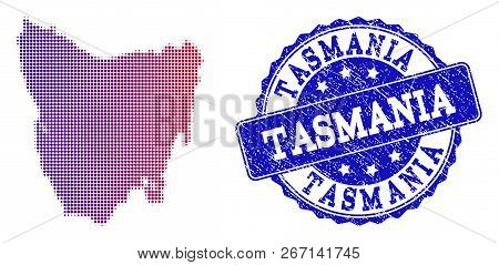 Halftone Dot Map Of Tasmania Island And Blue Grunge Seal. Vector Halftone Map Of Tasmania Island Con