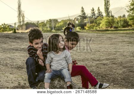 Ashtarak,armenia,10 September,2018:two Little Girls And Little Boy Met And Became Friends In The Cou
