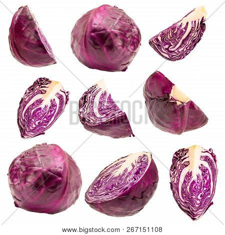Red Cabbage Set Isolated On White Background. Clipping Path. Levity Vegetable